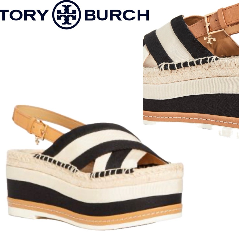 Tory Burch Women's Grosgrain Platform Espadrille Sandals Black & White Striped